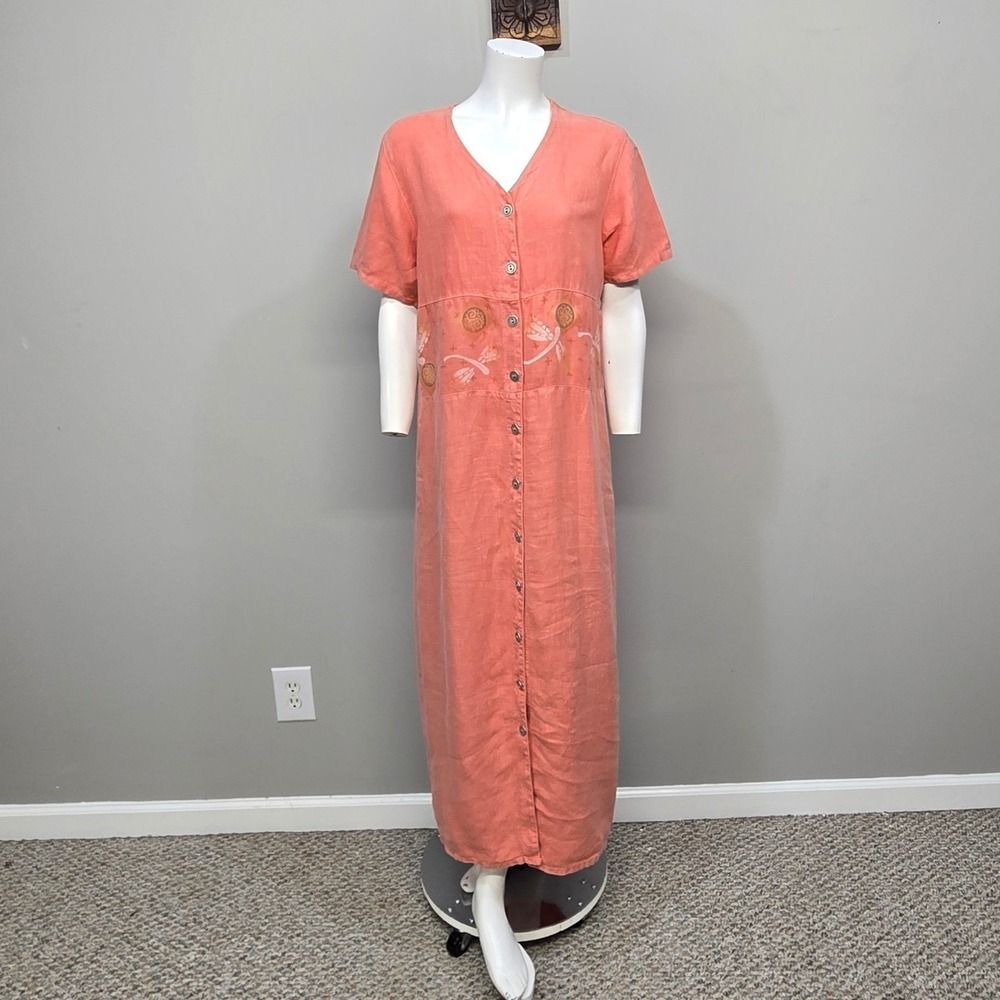 Vintage Focus USA Linen Maxi Dress Small Coral Pink Dragonfly Lagenlook Cottage